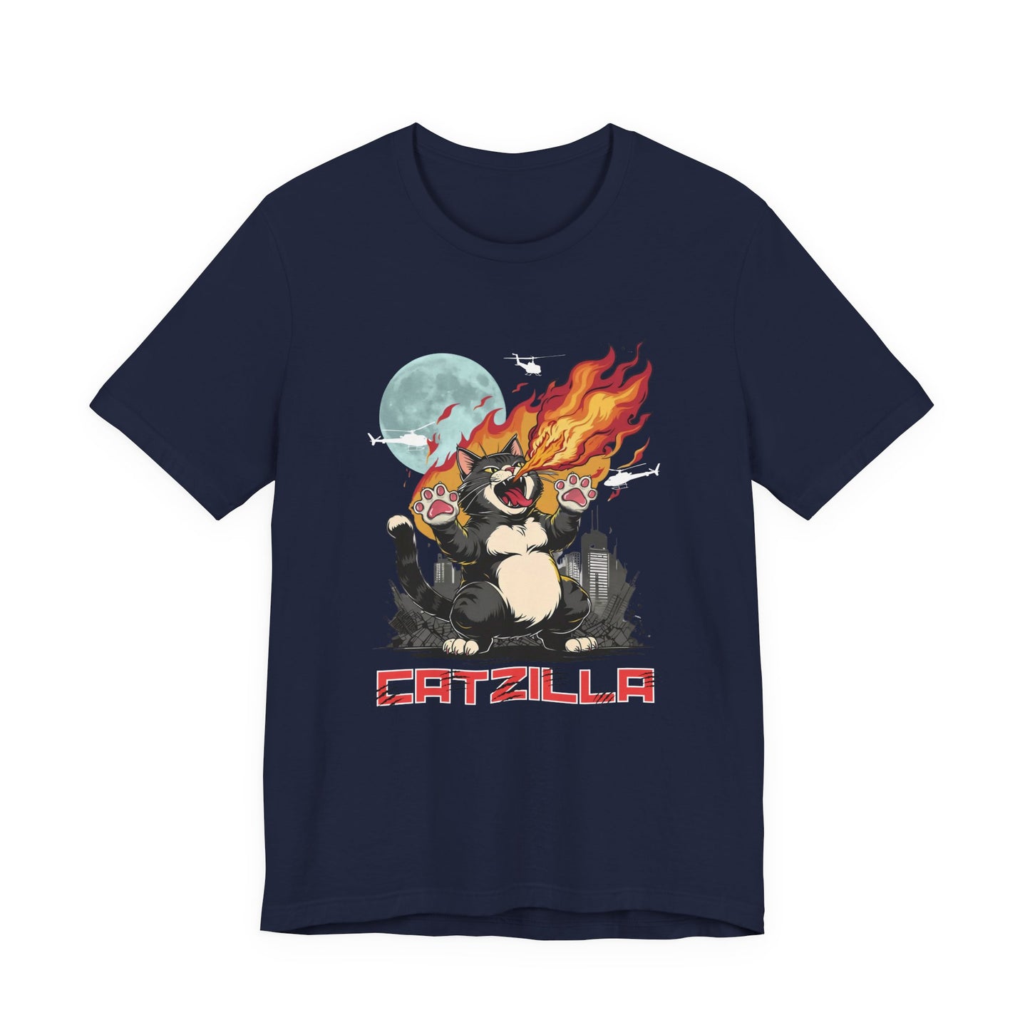 Catzilla Graphic Tee, Fun Cat Shirt, Unisex Jersey Tee, Gift for Cat Lovers, Quirky Animal T-Shirt, Funny Cat Apparel