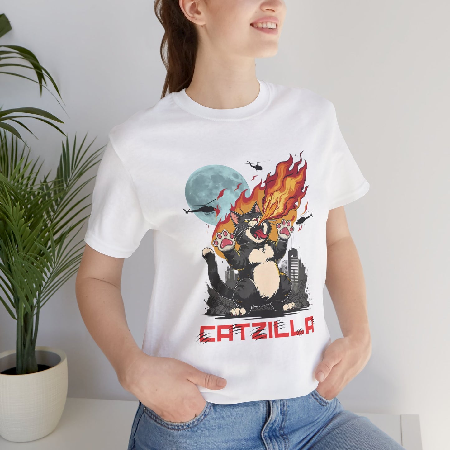 Catzilla Graphic Tee, Fun Cat Shirt, Unisex Jersey Tee, Gift for Cat Lovers, Quirky Animal T-Shirt, Funny Cat Apparel