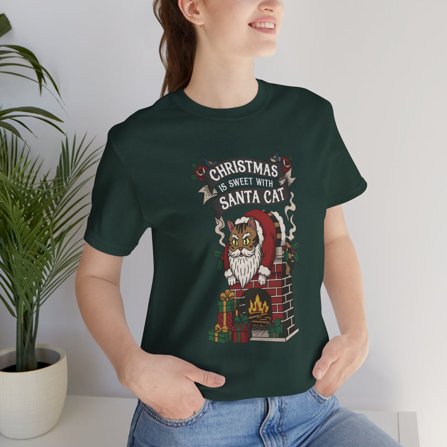 Santa Cat Stuck in the Chimney – Funny Retro Christmas Tee