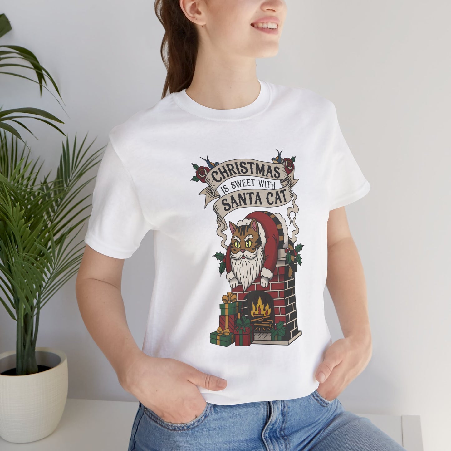 Santa Cat Stuck in the Chimney – Funny Retro Christmas Tee