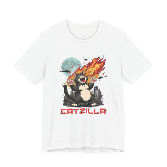 Catzilla Graphic Tee, Fun Cat Shirt, Unisex Jersey Tee, Gift for Cat Lovers, Quirky Animal T-Shirt, Funny Cat Apparel